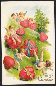 To My Valentine Cupids & Hearts Rolling Down Hill Used c1913