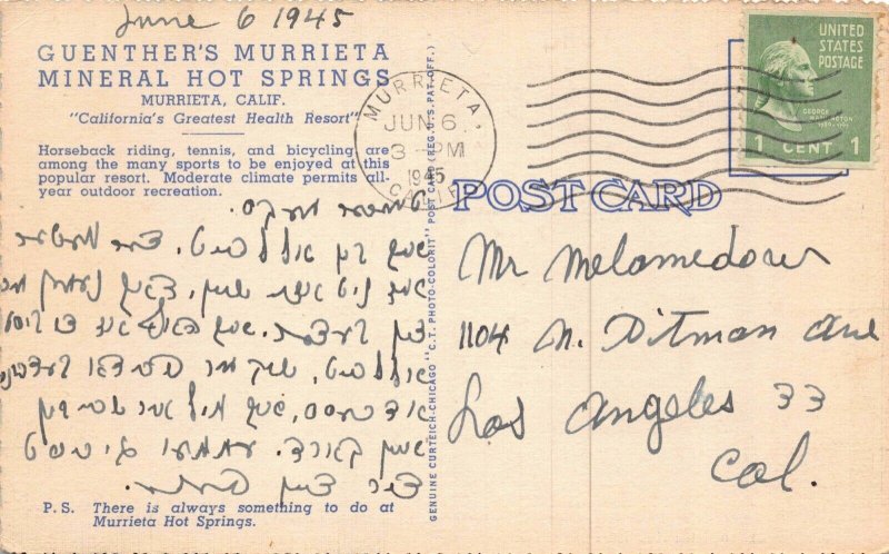 Linen Postcard Three Popular Sports at Murrieta Hot Springs, California~125875