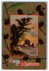 Auburn Maine ME Postcard Christmas Pinecone Winter Scene 1909 Posted Antique