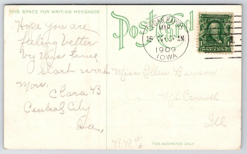 Cedar Rapids Iowa~Trolley & Early Auto @ 20th St & 1st Avenue~c1910 Postcard