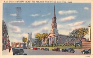 Main Street in Worcester, MA Unitarian Church & Wesley Church Beyond.
