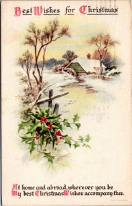 Postcard Best Wishes for Christmas - Holly water wheel mill river