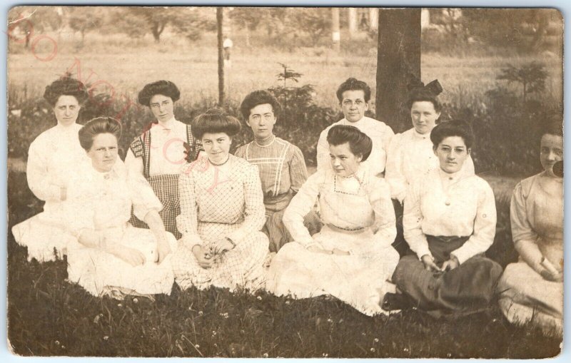 c1910s Alluring Pompadour Women in Grass RPPC Elegant Girl Charm Real Photo A142