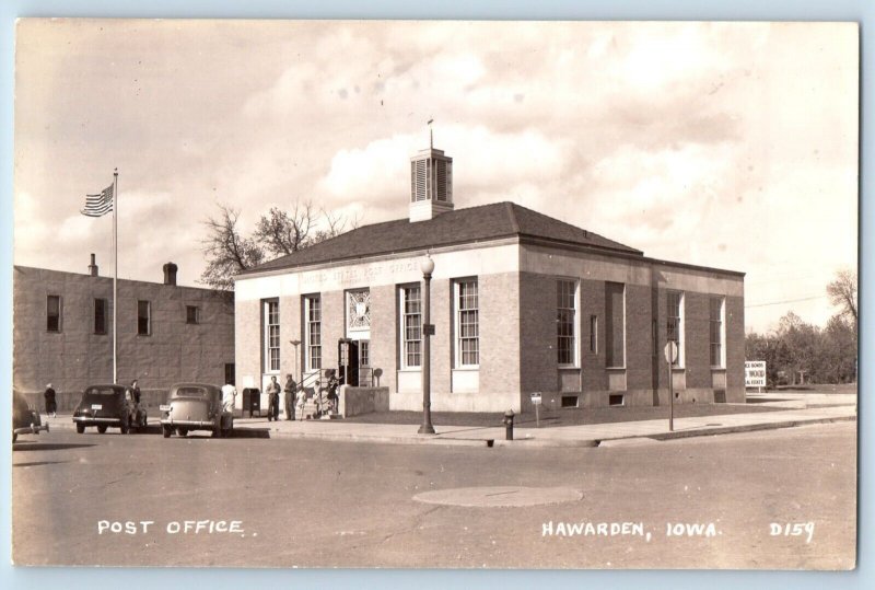 Hawarden Iowa IA Postcard RPPC Photo Post Office Building Cars c1940's Vintage