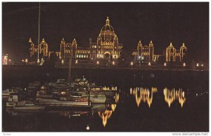 Night View, The Parliament Buildings Reflected in Water, Boats at Anchor, Vic...