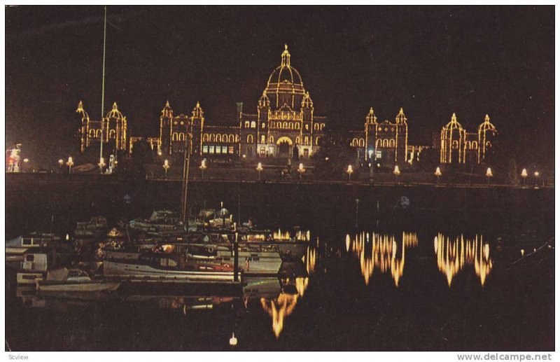 Night View, The Parliament Buildings Reflected in Water, Boats at Anchor, Vic...