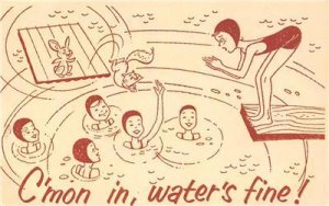 Water's fine! Swimming Diving Board Girl Scout Comic c1940s Vintage Postcard