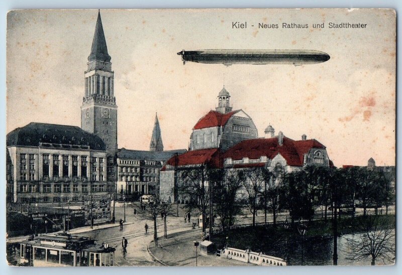 Kiel Postcard Neues Rathaus Stadttheater Airship Dirigible Exterior 1940 Vintage