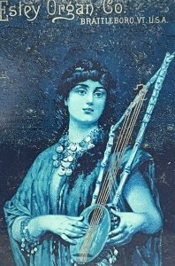 Estey Organ Piano Battleboro Vermont Beautiful Blue Woman w Harp 1880s