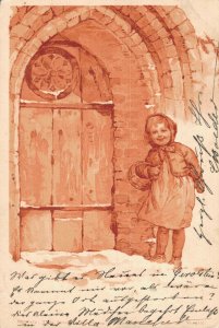Jugendstil Girl At The Door Vintage Postcard 08.14