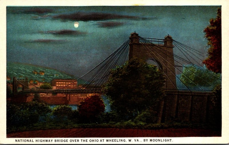 West Virginia Wheeling National Highway Bridge Over Ohio River By Moonlight C...