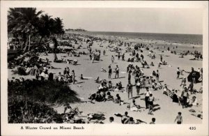 Miami Beach FL Winter Crowd on Beach Real Photo Postcard