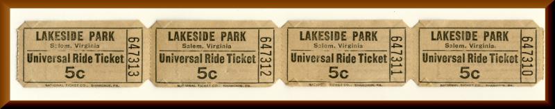 4 Lakeside Amusement Park Universal Ride Tickets, Salem, Virginia/VA