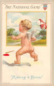 Valentine Greetings Cupid Playing Baseball Making a Home Postcard AA32557