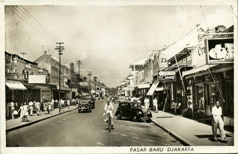 indonesia, JAVA JAKARTA, Pasar Baru, Cars Shops (1953) RPPC Postcard