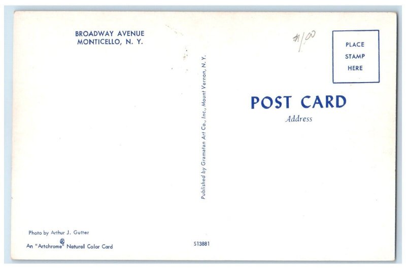 c1950's View Of Broadway Avenue Cars Kodak Rialto Monticello New York Postcard