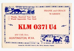 QSL Radio Card From Huntington W. VA. West Virginia KLM 0371 U4