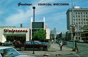 Wisconsin Oshkosh Greetings With Street Scene and Walgreens Drug Store