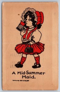 A Mid Summer Maid, Girl With Red Bonnet, Antique 1907 D Hillson Postcard