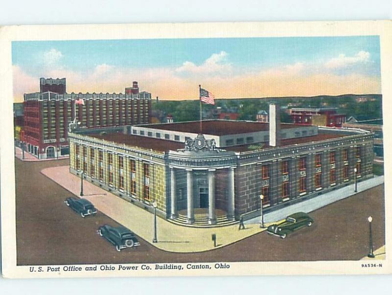 Linen POWER COMPANY BUILDING & OLD CARS AT POST OFFICE Canton Ohio OH d8686