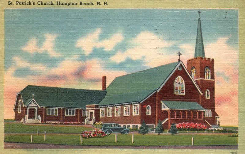 Hampton Beach New Hampshire, 1942 Street View St. Patrick's Church, Old Postcard