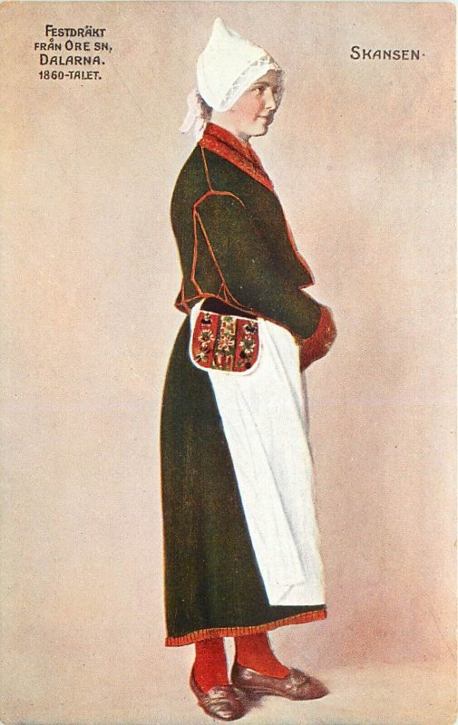 Art Postcard Beautiful Woman in Traditional Dress Costume of Sweden c. 1860
