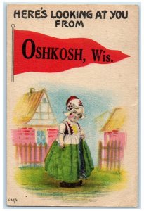 1915 Dutch Girl Oshkosh Fisk Wisconsin WI Pennant DPO Posted Antique Postcard