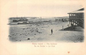 PERIM ISLAND SHIP HARBOR PORT MAYYUN YEMEN VOLCANO ISLAND POSTCARD (c. 1900)