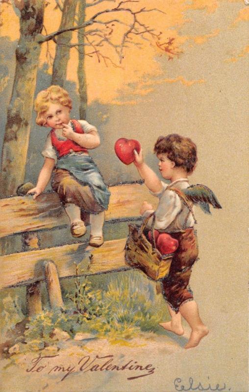 TO MY VALENTINE-CHERUB DELIVERING HEART TO YOUNG CHILD POSTCARD 1907