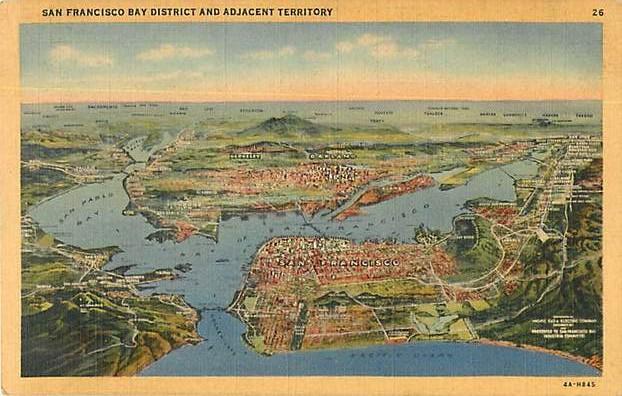 San Francisco Bay District  Linen Map Card CA