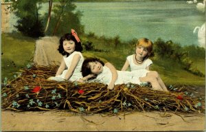 Children Little Girls in Twig Nest Flowers White Dresses Postcard