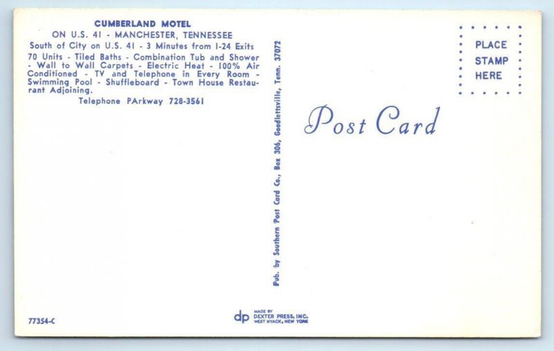 2 Postcards MANCHESTER, Tennessee TN ~ Roadside CUMBERLAND MOTEL Coffee County