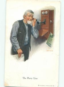 Pre-Linen Comic MAN TALKING ON VERY OLD ANTIQUE TELEPHONE PARTY LINE AB8863