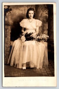 Vintage RPPC Young Woman Formal Dress Flowers Newman's Studio 1930s 1940s