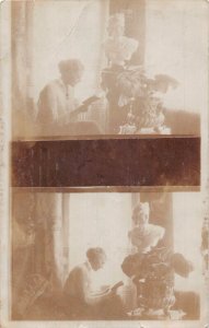 A094 Real Photo 1916 Feldpost WWI Woman reading plant bust sculpture postcard