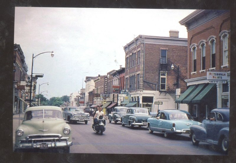 WILMINGTON OHIO DOWNTOWN STREET SCENE POSTCARD DOPY MOTORCYCLE OLD CARS 