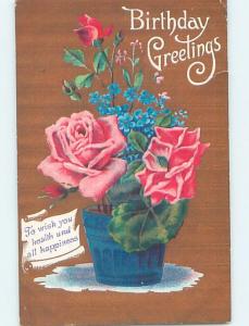 Pre-Linen art nouveau BEAUTIFUL POTTED PINK ROSES & FORGET-ME-NOT FLOWERS HL6026
