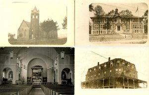 4 RPPC's - Churches, School, Hotel? Inn?   *RPPC