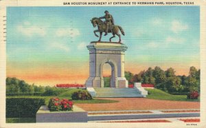 USA Sam Houston Monument At Entrance Hermann Park Houston Linen Postcard 03.34