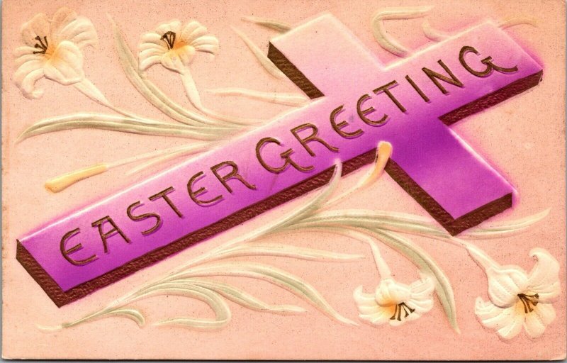 Embossed Airbrushed Easter Greetings Postcard Cross and Lilies~3885 