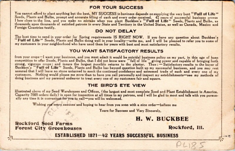 Postcard advert IL Rockford - Buckbee's Seed Warehouse Greehouse Trial Gardens