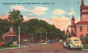 Vintage Postcard 1930's Cathedral Place Plaza & Public Market St. Augustine Fla.