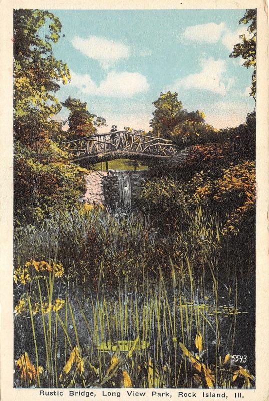 Rock Island Illinois~Long View Park-Girl on Rustic Bridge~Waterfall~1920s PC