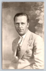 RPPC Man in Pale Suit & Tie Slicked Back Hair AZO 1925-1940s VTG Postcard 1396