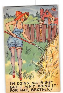 Risque Humor Comic Postcard 1945 Woman Farming Hay