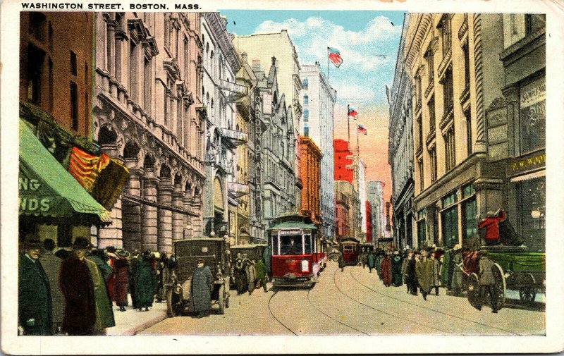 Vtg 1920s Washington Street Trollys People Cars Boston Massachusetts MA Postcard