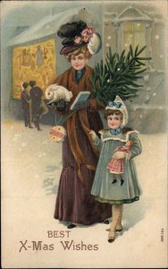 Christmas Mother and Child Toy Doll Pull Toy Albino Bunny c1910 Vintage Postcard