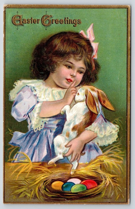 Easter~Little Girl in Lace & Lavender Cuddles Bunny Rabbit~Colored Eggs~NASH 1 