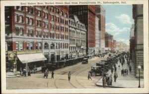 Indianapolis IN Real Estate Row Market St. Cars Stores c1920 Postcard