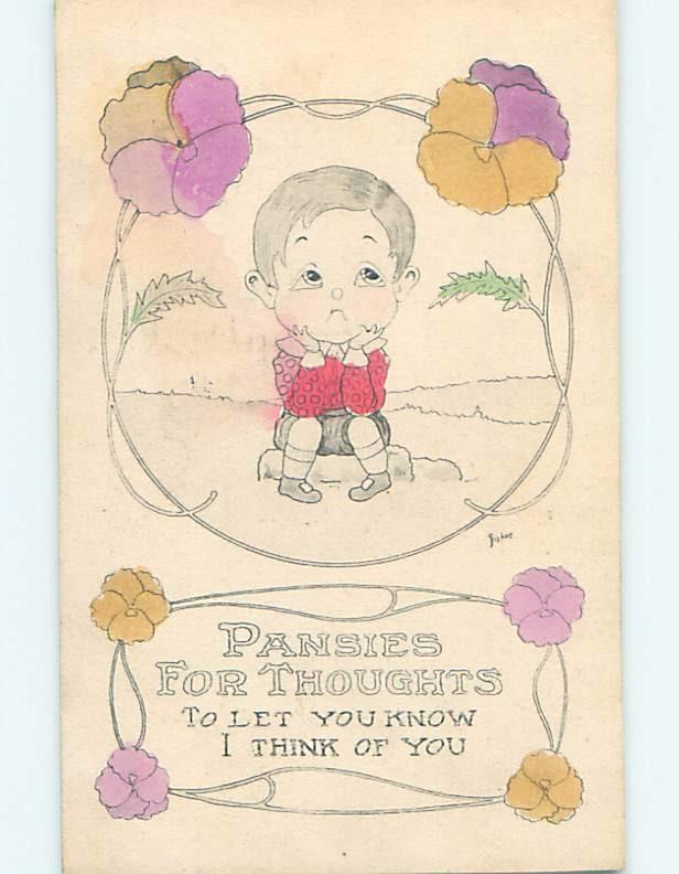 Pre-Linen signed LANGUAGE OF FLOWERS - PANSY FOR THOUGHTS - BOY THINKING HL2847